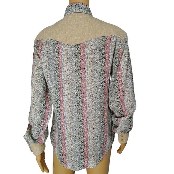 1970s Western Cream Floral Print Patchwork Quilted Yoke Button Up Shirt Size M - Picture 8 of 10